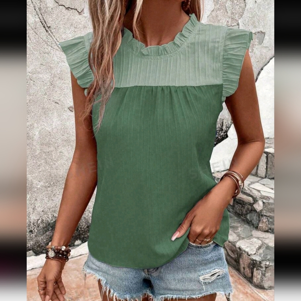 SHEIN VCAY Women's Color Block Ruffle Trim Casual Summer Holiday Shirt